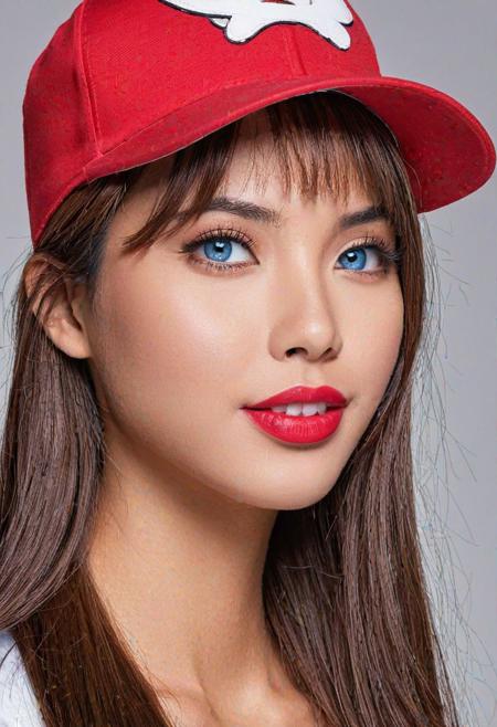 {"shot":"close-up","gender":"female, woman","ethnicity":"asian malay girl","hair":{"type":"long","texture":"straight","color":"red"},"face":{"shape":"rounded","description":"beautiful face","eyes":{"color":"blue eyes","description":"beautiful eyes","makeup":"eyeliner"},"nose":"big nose","mouth":{"description":"beautiful lips","state":"close mouth with smile","color":"pink lips"}},"attire":{"headwear":"red baseball hat"},"settings":"onstage"}