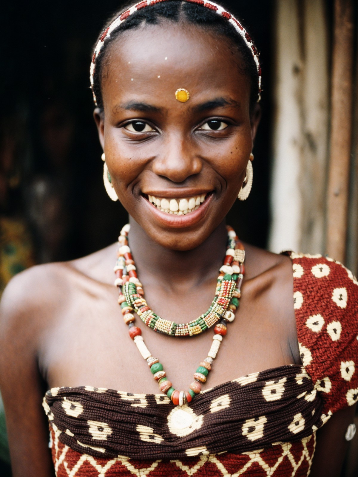 film grain analog photography,african woman, wide-eyed expression, joyful, masterpieces, surprised, open-mouthed smile, tr...