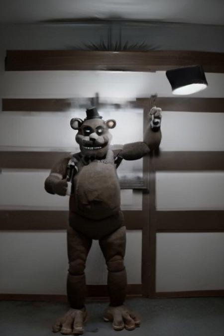 freddy, brown fur, Dark web, ,grayscale, dark shadows, shadows, scary scene, empty background, far away