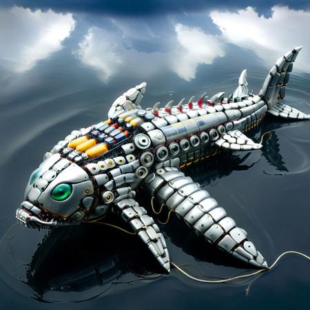 a robotic leviathan surfacing from an electric ocean, body made of oversized alkaline cells, dorsal fins shaped like voltage meters, lightning coursing through transparent plating, sonar pulses warping the sky above, B4TT3R13S, made of batteries