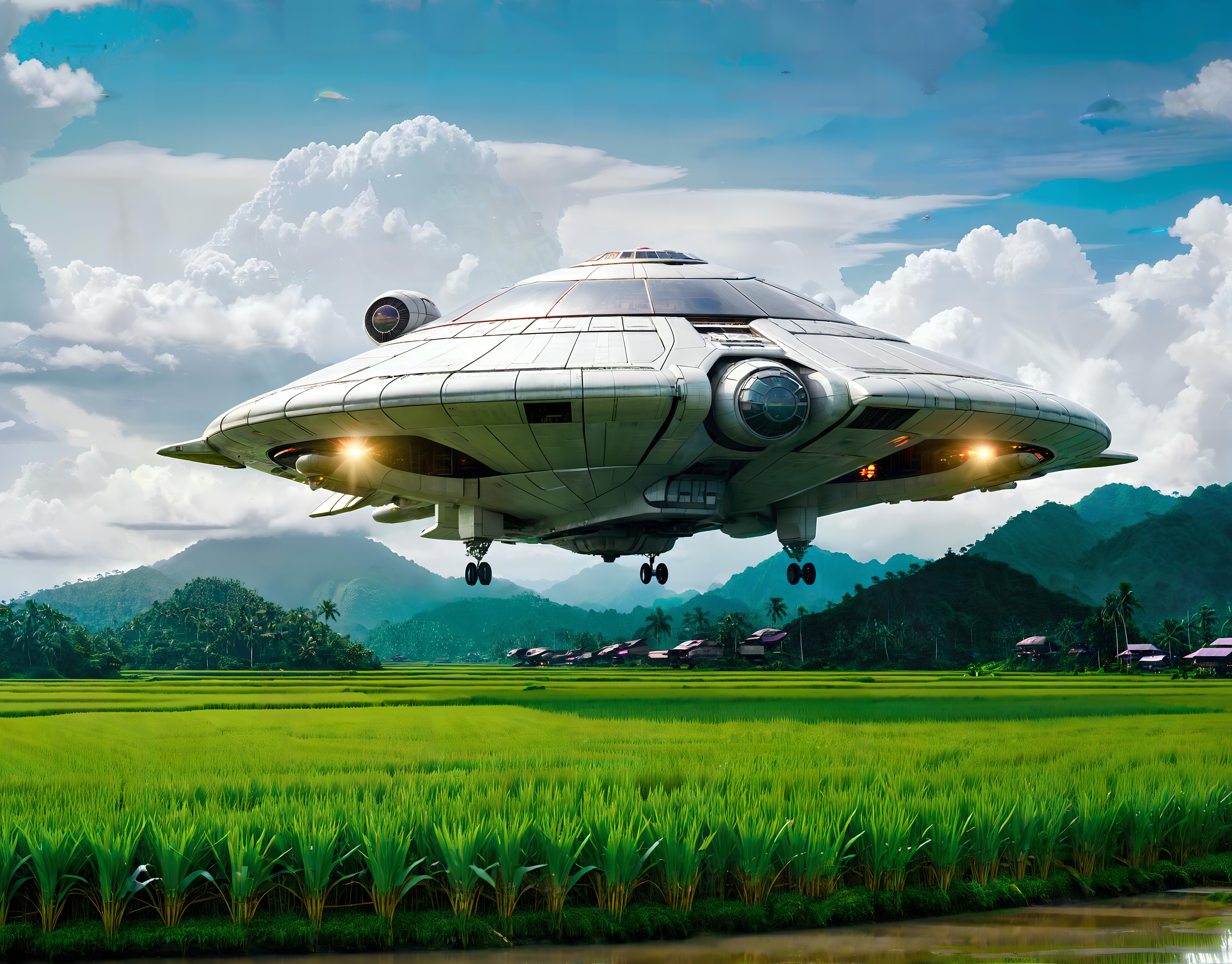 An artistic rendering of a spaceship flying over a lush green field.