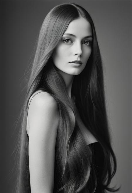 Extremely beautiful woman,very long hair, masterpiece,  1960s style portrait photograph by Richard Avedon, Rolleiflex medium format tlr