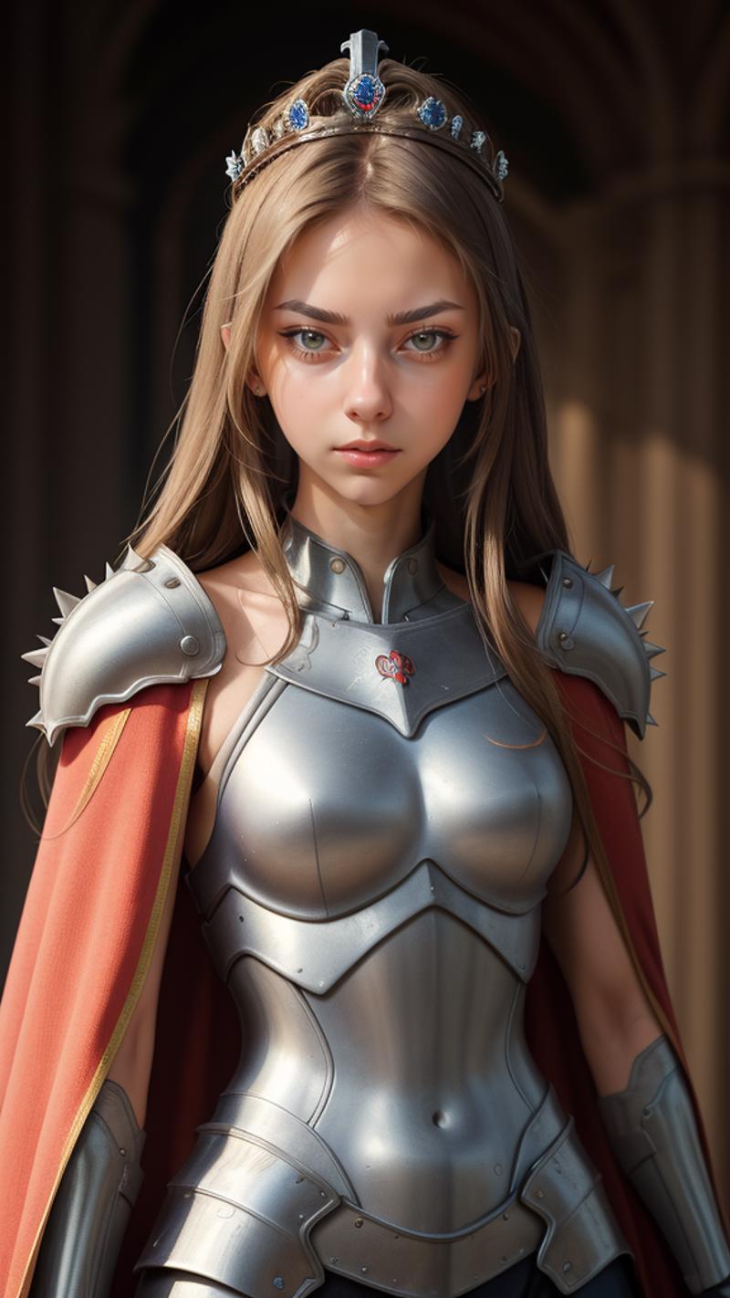 A computer-generated image of a woman wearing a silver armor with a red cape.