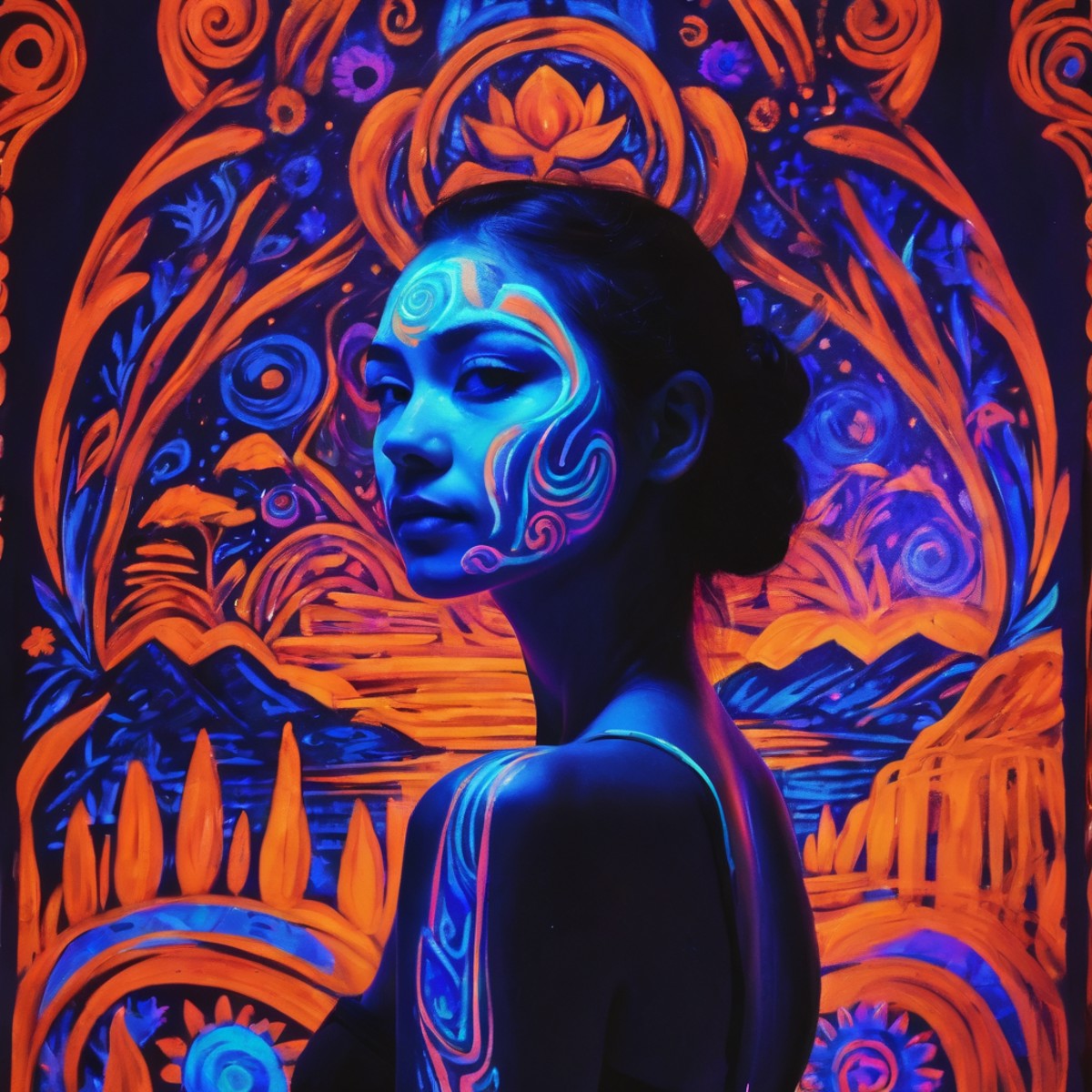 blacklight uv painted on the back of a girl depicting art in the style of diego rivera