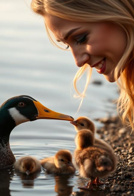 beautiful woman on the shore feeding a duck and her chicks in a pond in the morning, close up on face and duck
