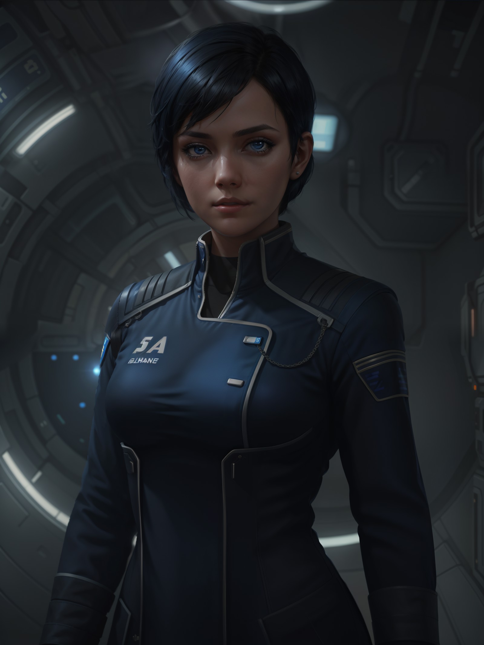 a woman with short black hair wearing (blue allianceuniform) in a space station, cute face, realistic skin, dramatic light...
