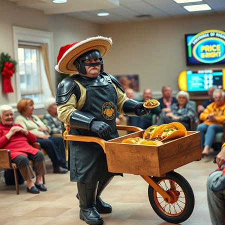 score_9, score_8_up, score_7_up, score_6_up, score_5_up, score_4_up, source_photo, detailed, high resolution, source photo,
BREAK  Robocop1024, big moustache, sombrero Santa hat, apron with a taco decal,
BREAK  Robocop1024 is visiting a retirement home, Robocop1024 is pushing a wooden wheel barrow full of tacos, beef tacos with cheese and salsa, he is handing out tacos as Christmas gifts to the residents of the retirement home, he retrieves the tacos from the wooden wheel barrow and gives them to the elderly residents,  Robocop1024 has a smile on his face as he hands a tacos to the joyful elderly residents ,the residents are happy to receive their Christmas tacos, many of the residents in the background have their Christmas tacos, the residents are sitting in chairs, there is a tv that is tuned to the price is right,