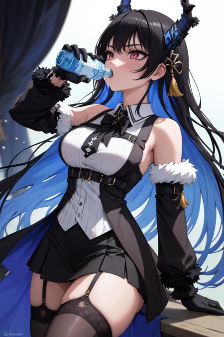 masterpiece, best quality, absurdres, perfect anatomy, 1girl, solo, Chugging, water bottle, NerissaRavencroft, horns, hair ornament, black hair, pink eyes, collared shirt, black skirt, garter straps, thighhighs, fur trim, detached sleeves, black gloves, <lora:Chugging:1>, <lora:NerissaRavencroft:0.8>