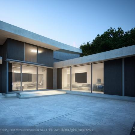 architectural photography building street architectural appearance hyper realistic photo of a high end futuristic single-level house where walls are made of windows light coming through the window mid century modern style cinematic lighting 8k unreal engine 5 tile floor