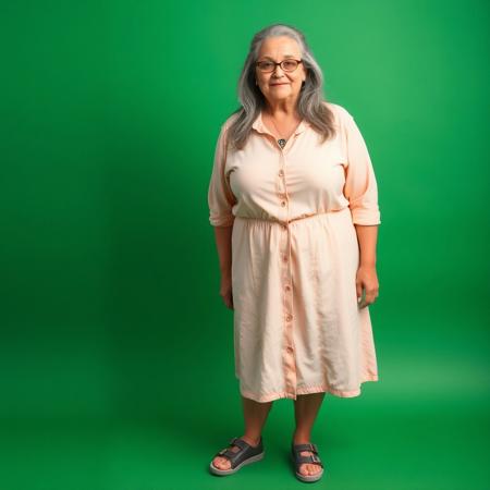 masterpiece portrait of British plus size woman::1.4, Norman Rockwell style::1.2, photographic realism art::1.1
(physical description: full body shot:1.5, mature plus size woman with fair skin and visible wrinkles, long grey hair, soft posture:1.1)
(facial features, expression: calm, expressive mature face with relaxed expression and gentle wrinkles, distinctive eyeglasses:1.0)
(clothing details: light-colored collared knee-length shirtdress, possibly pink or peach, modest and flowing fabric, pendant necklace visible at collar:1.0)
(accessories: two-strap velcro sport sandals:0.9)
(background setting: standing in front of a chromakey green background:0.9)
(lighting style: even studio lighting with soft shadows, no color casting:0.8)
(composition and camera framing: full body shot, front-facing, centered in frame:1.0)
(emotional tone or theme: poised and neutral, designed for flexible background replacement:0.9)
(technical execution: high-resolution detail, neutral lighting for editing flexibility:0.8)
