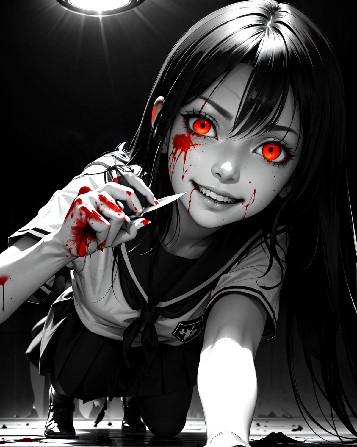 Anime girl with red eyes and blood on her hands and face.