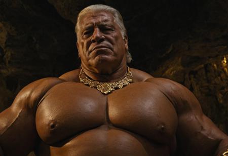 (photo, realistic, raw), (nighttime, at night, dark, dark hard shadows, cinematic atmosphere, movie grain, hazey atmosphere), closeup from below, (brute, barbarian, etherial, spiritual, emperor, king, god), old burly buff gentleman, old manly mature man, combed back hair,  doublechin, old tanned grandpa, wrinkly neck, proud big chest, thick neck, armpits, tanned skin, tight golden spandex, gold jewellery, gold necklace,gold earring, tribal tattoos, in a dark ancient cave at night, nighttime,looking directly at viewer with a loving caring smile, leaning forward close to viewer, very close, intimite situation, romantic atmosphere, intimate lustful romantic expression, sad expression, belly and pecs from below