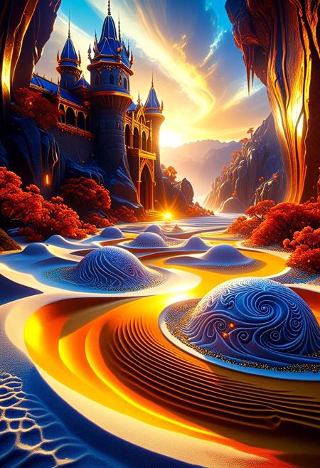 sandswirl, swirling sand, Cradled in velvet folds of midnight repose, an ovum of otherworldly provenance stirs with latent potential. Wreathed in sinuous tendrils of gilt filigree, the lustrous sphere pulses softly, ancient runes adorning its curvature whispering tales of yore. A crack fissures its flawless façade, widening incrementally until a sliver of resplendent radiance pierces the gloom. Within the crevice, a vista of breathtaking magnificence unfurls, a realm unto itself born of dreamscapes and legend. There, astride a precipice of granite fangs jutting proud above placid waters, a fortress of marble and quartz sprawls, its pinnacles piercing heavenward. Golden rays suffuse the idyllic tableau, bathing the sylvan surrounds in amber incandescence.
3d-rendering, concept-art, digital, dreaminess, futuristic, multimedia, virtual-reality, 
eeriness, fantasy, other-worldliness, science-fiction, surreal, 
colorful, sci-fi style, technological, alien worlds, space themes, advanced civilizations, 
best quality, masterpiece, aesthetic, intricate details, highly detailed, ultra-detailed, absurdres, unreal engine, octane rendering, high contrast, vivid, vibrant, volumetric lighting, sharp focus,