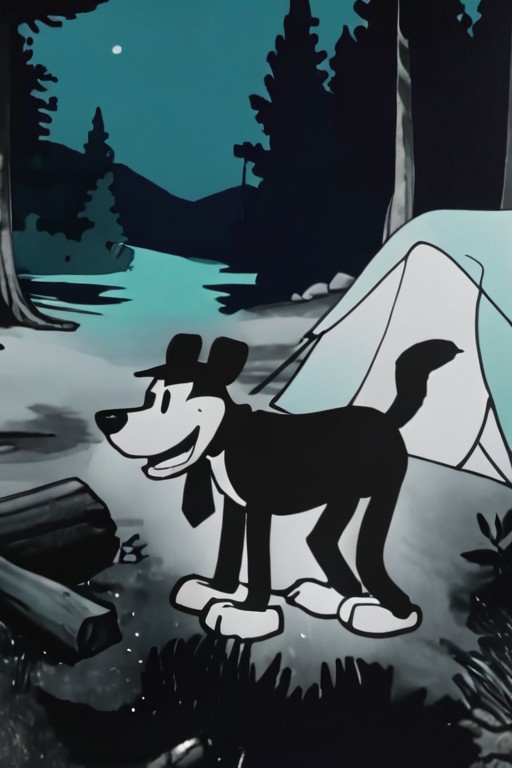 1920s animation, dog, upper body, middle shot, 
,  abrasive,
Cyan, 
 highres, detailed,
Nighttime campsite and forest at t...