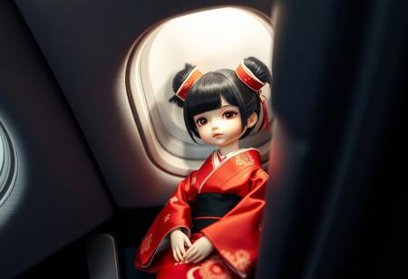 A doll wearing a Japanese red kimono is lying under the seat of an airplane, and the doll's hairstyle is Himeji style