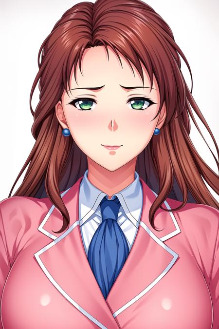 Simple White Background,
pink jacket,collared shirt, white shirt, blue necktie,belt,
<lora:Takashima_Kumi_HIsaku-KK77-V2:0.7>,jewelry,earrings, 
bangs,long hair,brown hair,green eyes,
<lora:Mariana_Luciano_NON_VIRGIN-KK77-V1:0.3>,<lora:more_details:0.1>,
1 girl, 20yo,Young female,Beautiful Finger,Beautiful long legs,Beautiful body,Beautiful Nose,Beautiful character design, perfect eyes, perfect face,expressive eyes,perfect balance,
looking at viewer,(Focus on her face),closed mouth, (innocent_big_eyes:1.0),Light_Smile,
official art,extremely detailed CG unity 8k wallpaper, perfect lighting,Colorful, Bright_Front_face_Lighting,shiny skin, 
(masterpiece:1.0),(best_quality:1.0), ultra high res,4K,ultra-detailed,
photography, 8K, HDR, highres, absurdres:1.2, Kodak portra 400, film grain, blurry background, bokeh:1.2, lens flare, (vibrant_color:1.2),professional photograph, 
(Beautiful,large_Breasts:1.4), (beautiful_face:1.5),(narrow_waist),