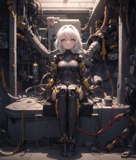 masterpiece, best quality, 1girl, mechanical, machine, mechanical arms, tubes, sitting, wire, cable, yellow eyes, white hair, robot joints,