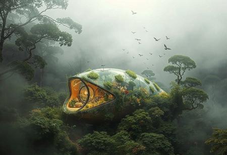 In a speculative drawing collage style, a biotech simbiogenetics bank micro ecotone is depicted as a sleek, fractal-like structure embedded within a lush, humid fog-filled environment. The compact symbiotic design, grounded in amphibious principles, features inflatable deployable structures that disperse seeds, vegetation buds, nutrients, and pollinators through various methods including ballistic, wind, and water. This intricate system is seamlessly integrated with atmospheric rivers, connecting the Amazonia Forest to the Chingaza Paramo, showcasing the interconnectedness of regional ecosystems in a highly detailed, wide background.