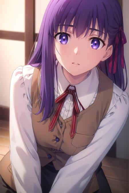 sakuramatou, <lora:sakura matou ubw-lora-nochekaiser:1>,
sakura matou, long hair, (purple eyes:1.1), purple hair, ribbon, hair ribbon, red ribbon,
BREAK shirt, white shirt, collared shirt, long sleeves, neckertie, red neckertie, vest, light brown vest, skirt, black skirt,
BREAK indoors,
BREAK looking at viewer, (cowboy shot:1.5),
BREAK <lyco:GoodHands-beta2:1>, (masterpiece:1.2), best quality, high resolution, unity 8k wallpaper, (illustration:0.8), (beautiful detailed eyes:1.6), extremely detailed face, perfect lighting, extremely detailed CG, (perfect hands, perfect anatomy),