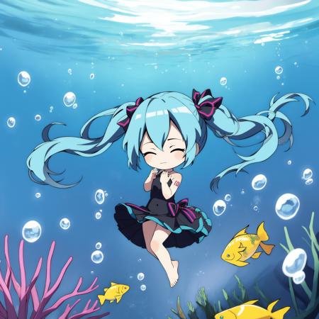 chibi,
1girl, underwater, long hair, dress, fish, hatsune miku, twintails, barefoot, bubble, air bubble, solo, blue hair, closed eyes, very long hair, black dress, submerged, ribbon, floating hair, bare legs, sleeveless dress