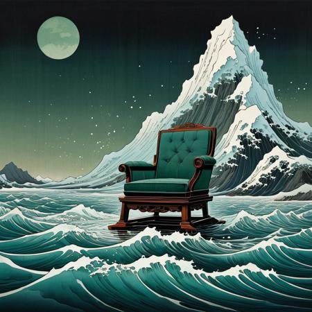 A surreal and captivating dark fantasy illustration, reminiscent of ukiyo-e art. A chair serves as the central object, with an enormous iceberg-like structure perched atop it. The chair's seat and legs have been transformed into dark, swirling water, where a ship navigates with caution. The backdrop is a muted, dark greenish-brown wall, exuding an eerie atmosphere. The floor appears to be wooden planks, adding a touch of antiquity to the scene., illustration, ukiyo-e, dark fantasy, painting