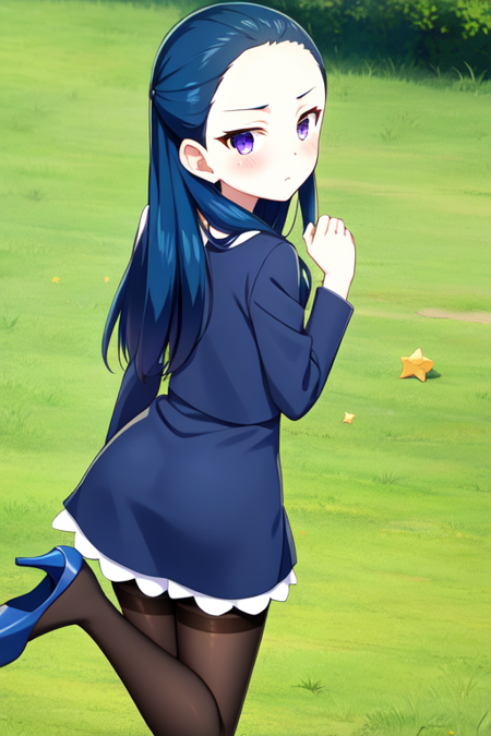 kiryuukaoru, blush, dress, expressionless, high heels, open jacket, grass, looking back, star /(symbol/), pantyhose