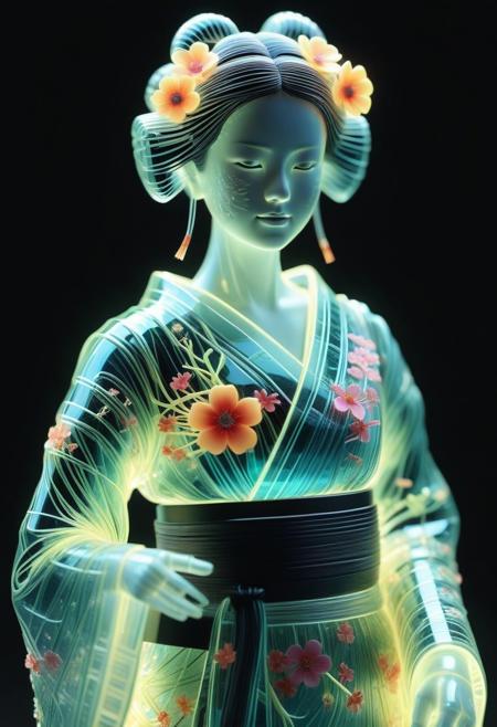 <lora:World_of_Glass_Filament:0.6> made of, tiny neon (glass:1.1) filaments, w0gf1l, Android, geisha, with robotic parts, in flowery kimono, Intricate details, 8 k, cinematic <lora:sss:0.8> subsurface scattering, sss <lora:envyStarlight_v10:0.8>