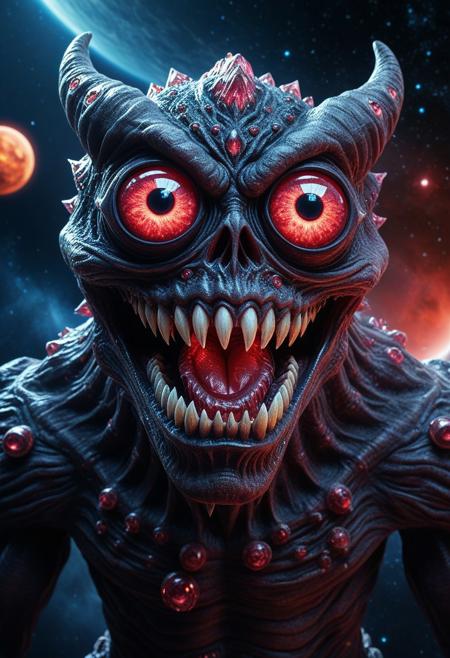 masterpiece,ultra-high resolution,incredible composition,extremely detailed, Soul-Gemmed 
monster  with googly eyes, sharp teeth, rage extraterrestrial inside it, in space. made of enchanted  Macabre made of rp_slgd