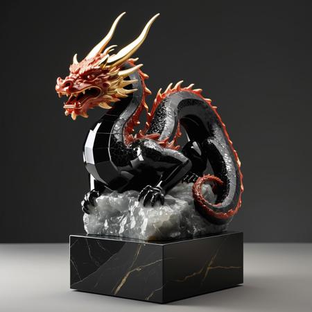 3d object, a statue, made of slightly translucid ((obsidian)) volcanic glass, red jasper and quartz with gold accents. 
Focus on head. A work of japanese art, Edo period, inspired by ukiyo-e style, museum quality
Focus on head. The representation of a giant dragon, a  (((Ryūjin))), hyper realistic and ultra detailed, dramatic lighting, ray tracing.

On a small simple pedestal, in a room made of (((ardosia))) black schist

Auction catalog, high value, collector item