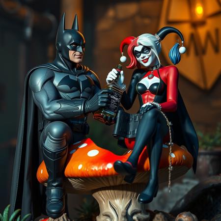 High-resolution, action-adventure style image. Batman and Harley Quinn are sitting on a brightly coloured toadstool, they share a bottle of Jack Daniels. high quality, high definition Image, long shot, deep focus, low level shot