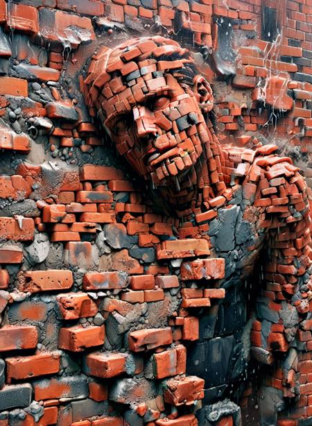 man immured in a brick wall, heavy rain, ais-brickz, 8k, F2.8, RAW Photo, ultra detailed,   <lora:Bricks_Style_SDXL:1>  <lora:xl_more_art-full_v1:0.8>