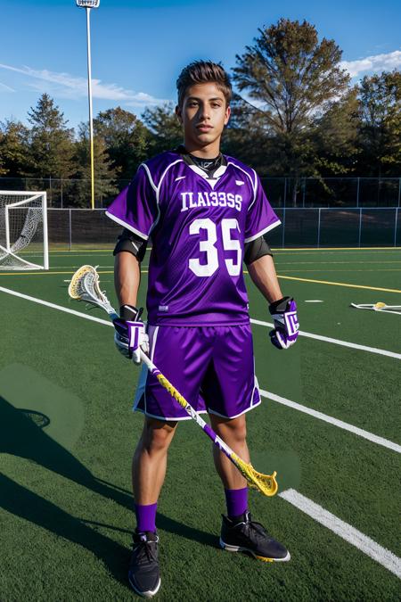 athletic field, ((lacrosse field)), JackHarrer is a lacrosse player wearing a purple (lacrosse uniform), holding lacrosse stick, masterpiece, (((full body portrait))), wide angle <lora:JackHarrer:0.8>