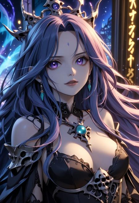 score_9, score_8_up, score_7_up, score_6_up, dynamic, (anime, masterpiece), best quality, (8k), detailed background, sharp focus, intricate, ambient lighting, super high quality, hyper detailed background, cinematic lighting, adult, double tone long hair, medium breasts, verybadimagenegative_v1.3, lich, laying down