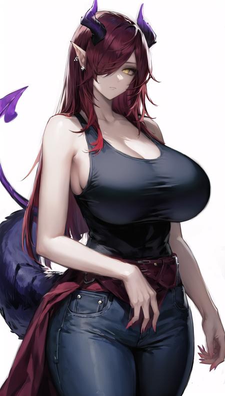 ascalon-hairstyle,horns,red hair,yellow eyes,hair over one eye,
(pants,tank top:1.18),demon tail,
lady,mature female,
cowboy shot, 
(white background, simple background:1.08),
highres,official art,original,masterpiece,best quality,
(huge breasts),
 <lora:ascalon4 2head:0.7>