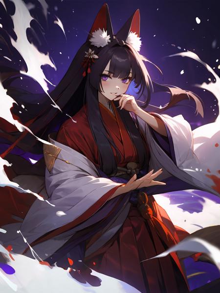 masterpiece,best quality,highres,cinematic lighting,dramatic angle,<lora:ShadowverseGinsetsuV7-000021:0.8>,1girl,animal ears,hair ornament,purple eyes,black hair,long hair,smile,parted lips,looking at viewer,cowboy shot,japanese clothes,obi,wide sleeves,burning village,blood,sleeves past wrists,hand  on own cheek,red topwear,purple skirt,portrait