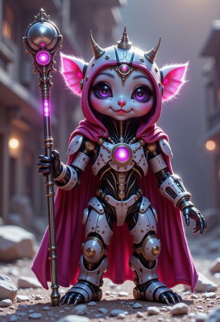 pinkmechalux, a cute cybor sloth wizard with metallic NEON led crown, wearing a magic cape and holding a super weapon mystic staff