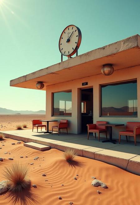 An outside view of a futuristic abandoned lonely coffee shop, post apocalyptic barren planet, dry and dusty, parched surface, hot windy atmosphere