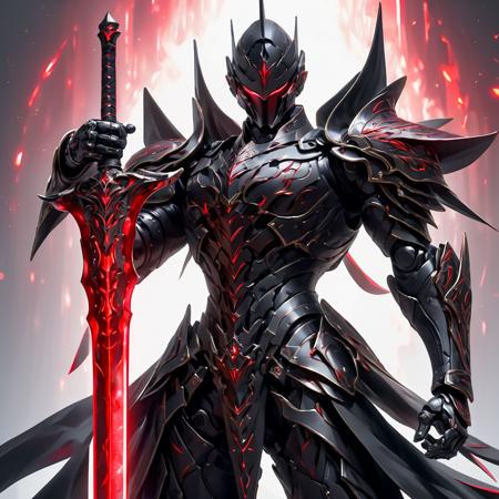 1man. male, solo, wearing black armor, holding red weapon infront of him, holding sword, cape,  simple glowing background , HD, masterpiece, best quality, hyper detailed, ultra detailed,