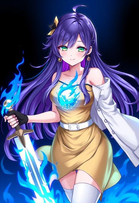 masterpiece, best quality, 1girl, solo, ElizabethRB, green eyes, purple hair, colored inner hair, long hair, huge ahoge, hair ornament, earrings, sleeveless dress, yellow dress, asymmetrical dress, see-through cleavage, white belt, white jacket, off-shoulder, blue fire, fire on chest, black glove, single glove, white thighhighs, single thighhigh, holding sword, planted sword, looking down, looking at viewer, high contrast, dark theme, darkness, blue theme, glowing eyes, eye trail, smile, commanding, assertive female,  <lora:ChamElizabethRoseBloodflameIllustriousXL:1>