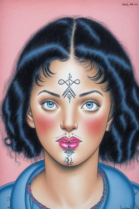 1girl, art by robert crumb, black hair, blue eyes, colored skin, curly hair, eyeshadow, lips, lipstick, looking at viewer, makeup, pink background, (traditional chin tattoo, Ushamxl:1.2), <lora:UshamXL:1>