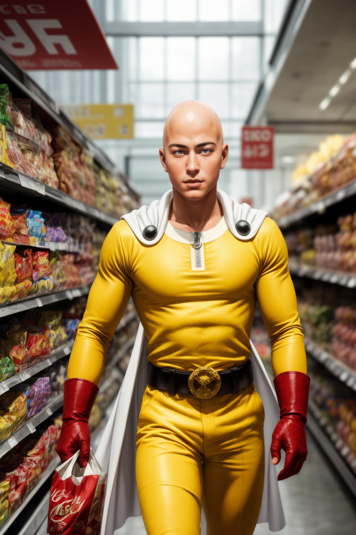 A man dressed as a superhero, specifically the character Mighty Morphin Power Ranger, walking down an aisle in a grocery store.