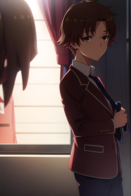 kiyotakaayanokouji, <lora:kiyotaka ayanokouji s2-lora-nochekaiser:1>,
kiyotaka ayanokouji, brown hair, (brown eyes:1.5), male focus, (parted bangs:1.5), short hair,
BREAK school uniform, jacket, necktie, blazer, blue necktie, shirt, white shirt, collared shirt, (red blazer:1.5),
BREAK indoors, classroom,
BREAK looking at viewer, (cowboy shot:1.5),
BREAK <lyco:GoodHands-beta2:1>, (masterpiece:1.2), best quality, high resolution, unity 8k wallpaper, (illustration:0.8), (beautiful detailed eyes:1.6), extremely detailed face, perfect lighting, extremely detailed CG, (perfect hands, perfect anatomy),