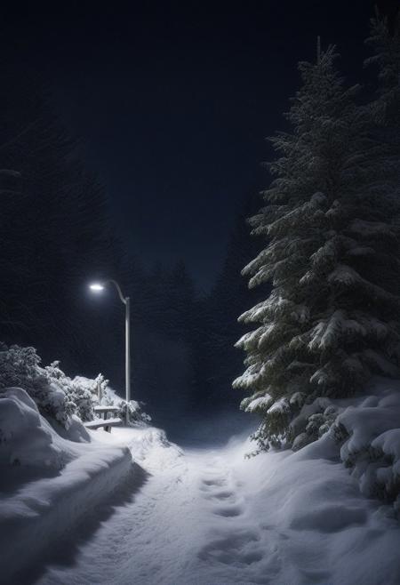 path to the bathhouse, 
cleared snow, 
night, 
snow, 
fir tree, 
black background, 
blizzard