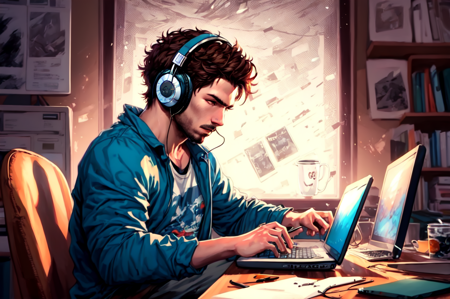 <lora:Homework_Desk:1> masterpiece, best illustration, detailed scene, detailed face, detailed hair, 1boy, male focus, computer, solo, headphones, cup, laptop, facial hair, sitting, brown hair, shirt, mug, monitor