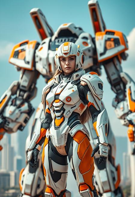 High-tech futuristic and realistic photo of a powerful female warrior in advanced robotic armor, standing in front of a massive mechanical suit. The armor is detailed with intricate mechanical components, combining sleek white and vibrant orange colors. The background shows a futuristic cityscape under a clear sky, creating an epic and dynamic atmosphere, cinematic composition, trending on ArtStation. 32k resolution