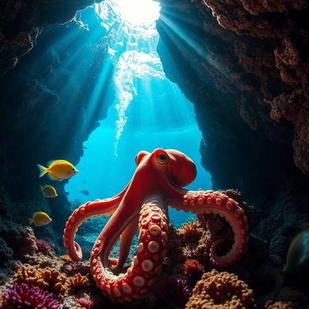 a very detailed close picture of an octopus near an underwater cave ,sunlight pasing throw water, carl reef , colorful fishes