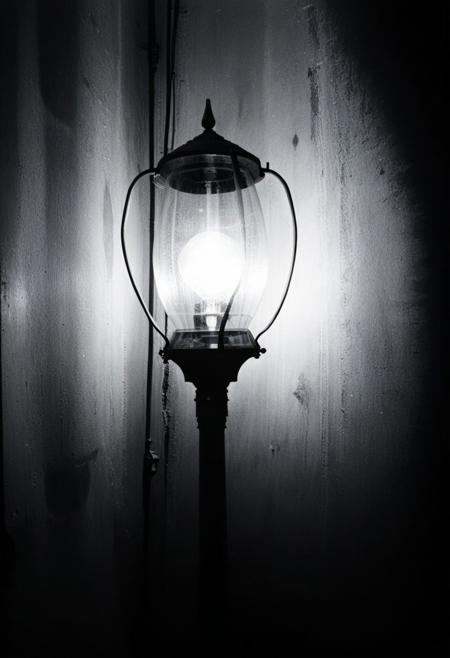detailxl, 80sc1nemat1c5tyle, creamy bokeh, black and white, colorless, monochrome, BREAK, street lamp, street light, night, darkness, extreme close-up