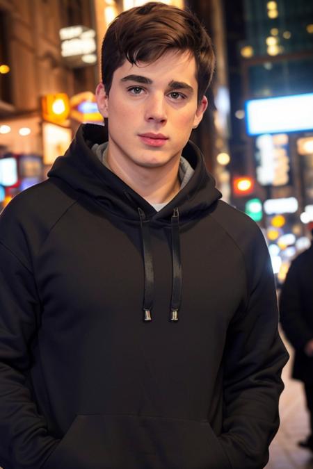 a man <lora:p13tr0b0s3lli:1> downtown a busy city, short hair, baggy gray hoodie, highly detailed face, cinematic lighting, 8K, RAW, UHD, (smiling:0.2), (candid:1.2, amateur:1.2), people in the background, upper body