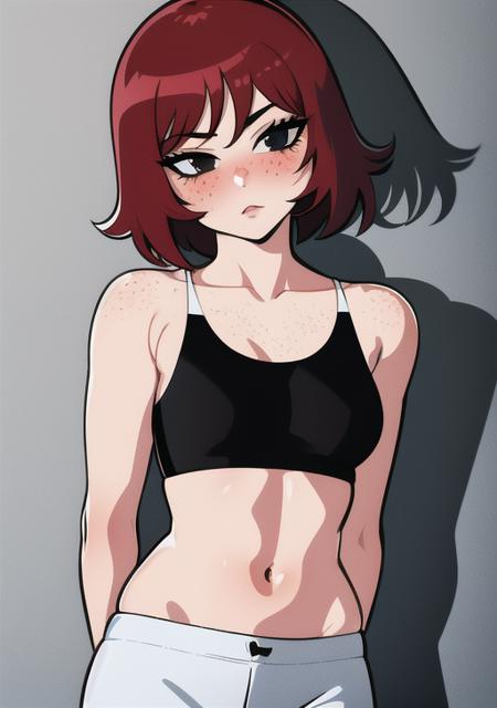 kim_pine kim_pine, 1girl, solo, looking_at_viewer, blush, short_hair, bangs,navel, collarbone, red_hair, cowboy_shot, black_eyes, shadow, arms_behind_back, freckles, cleft_of_venus, 