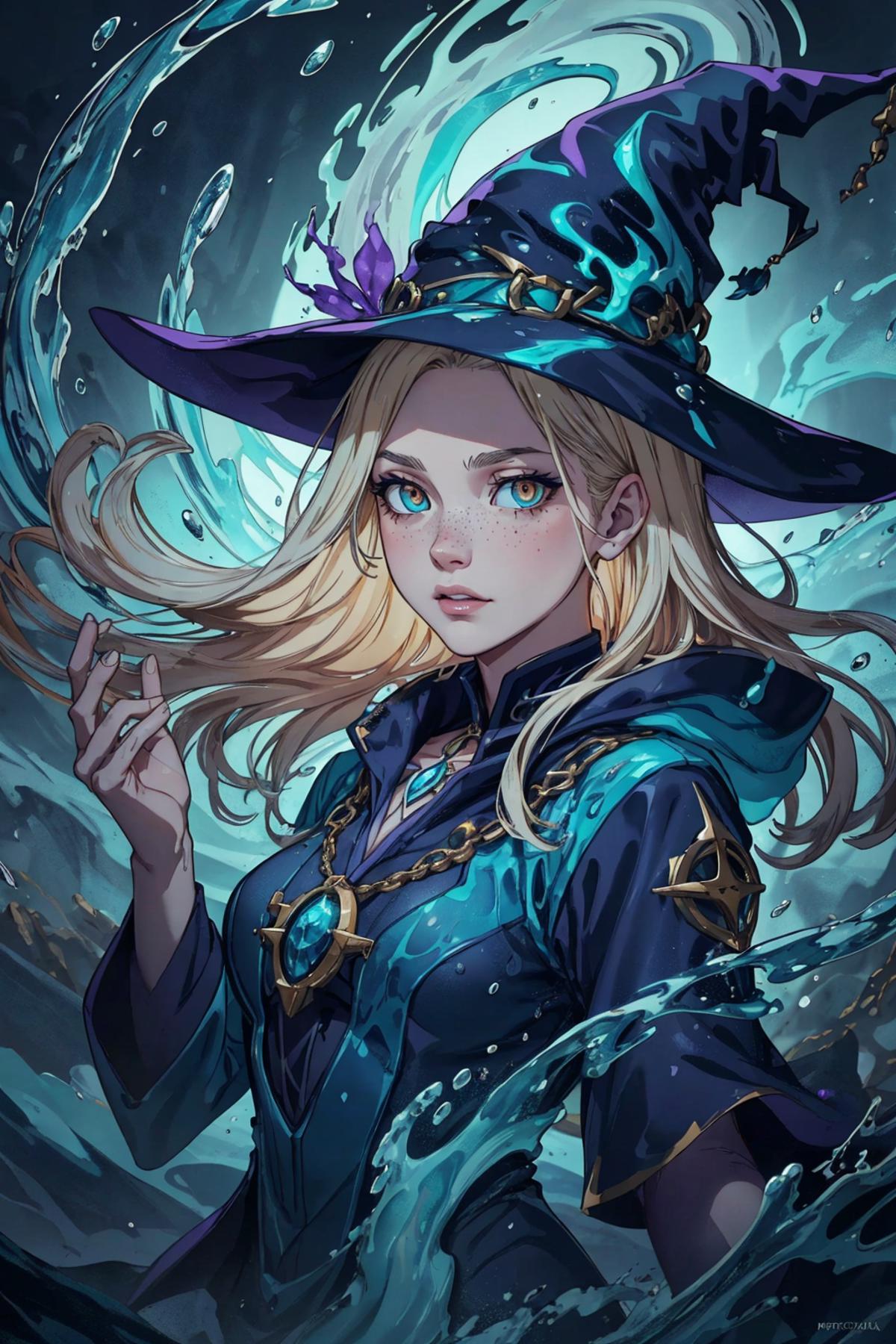 A blue witch with long blonde hair and a wig, wearing a blue hat and holding her wand.